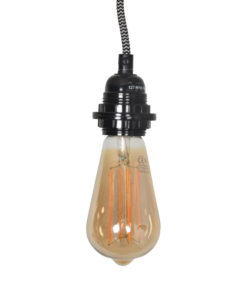 Suspension douille noire - 110cm câble tissu noir blanc rosace