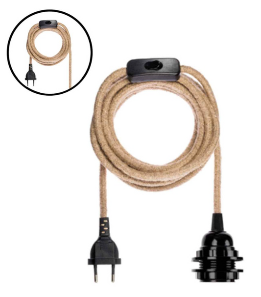 Cable électrique douille noire - 400cm câble corde naturelle prise