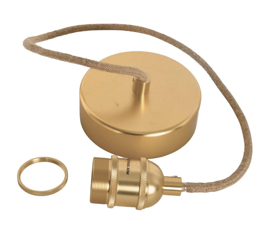 Suspension douille doré satiné - 110cm câble corde naturelle rosace