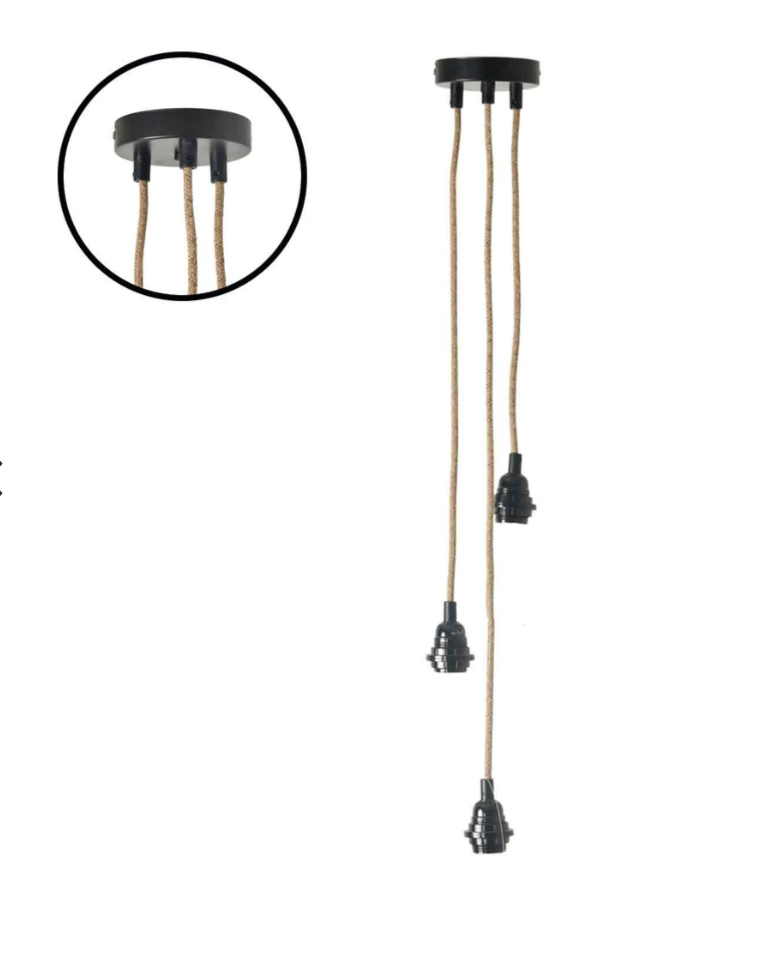 Suspension douille noir 3 cables 200cm de corde naturelle roseca