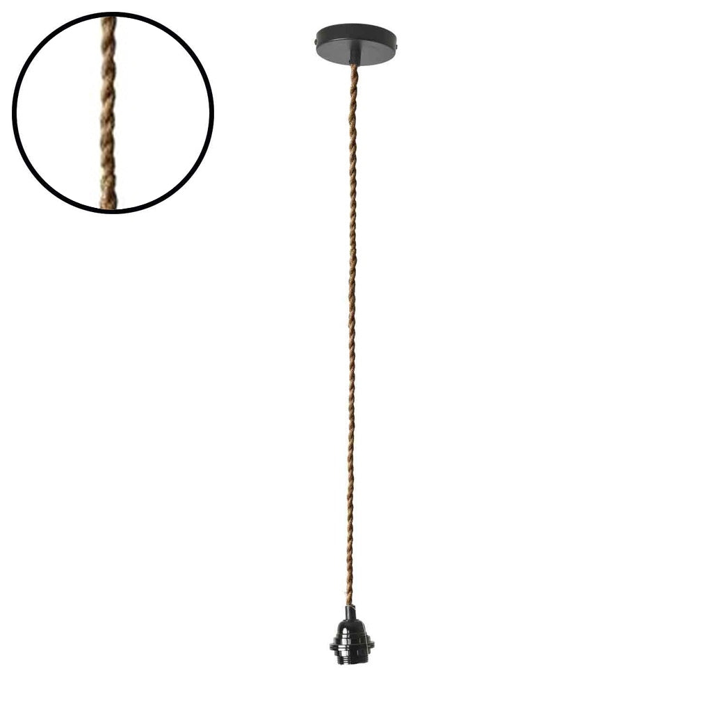Suspension douille noire - 110cm câble torsadé corde naturelle rosace