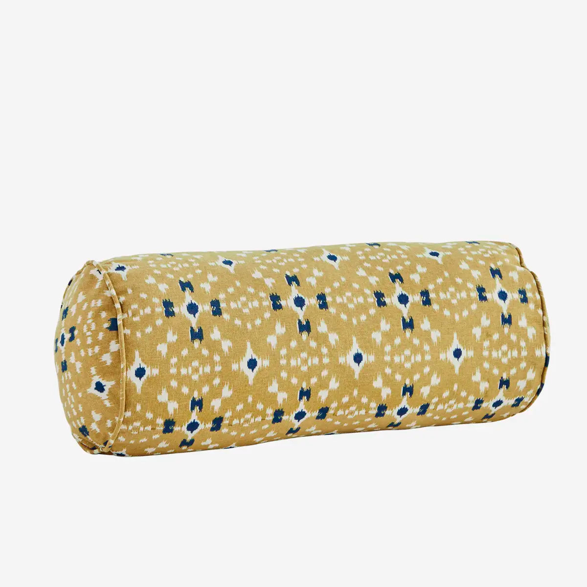 Coussin polochon imprimé – Couleurs : Moutarde, blanc cassé, bleu marine