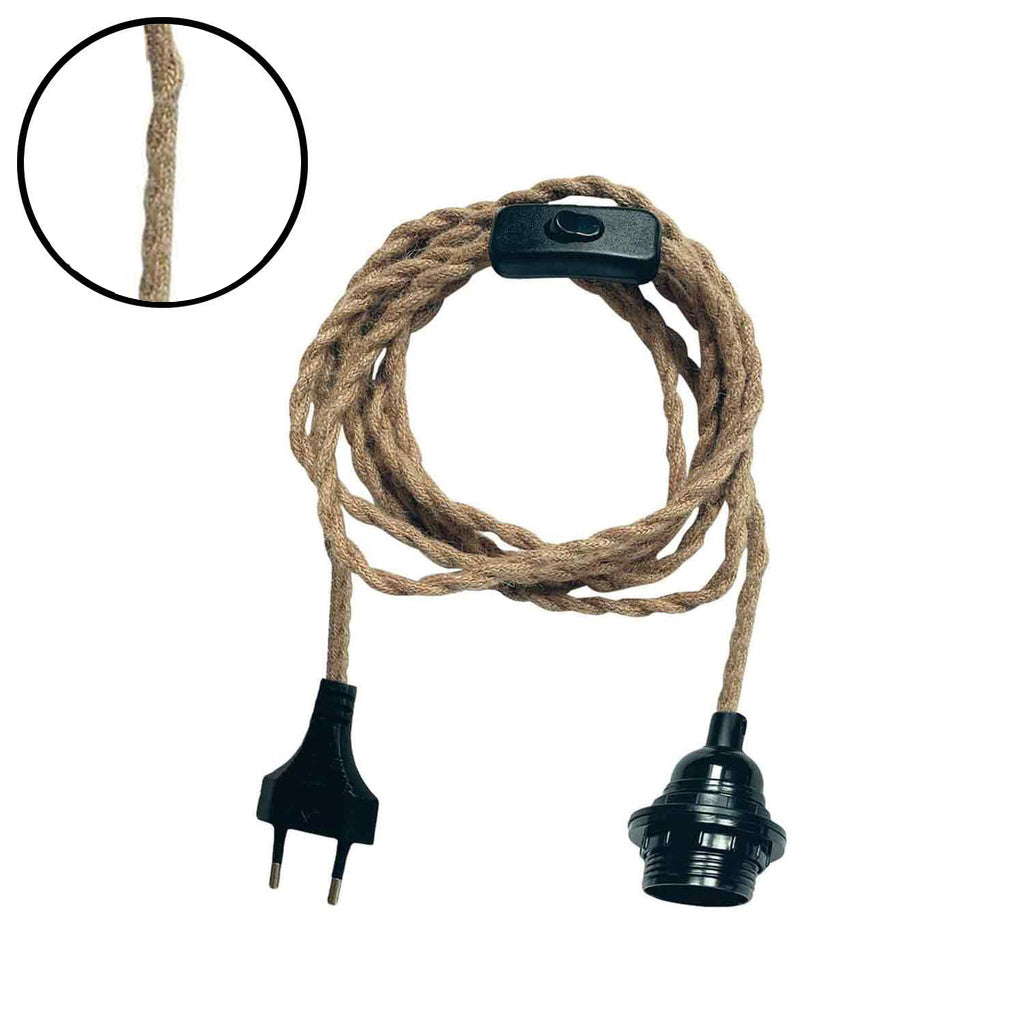 Suspension douille baladeuse noire 300cm câble torsadé corde naturelle prise