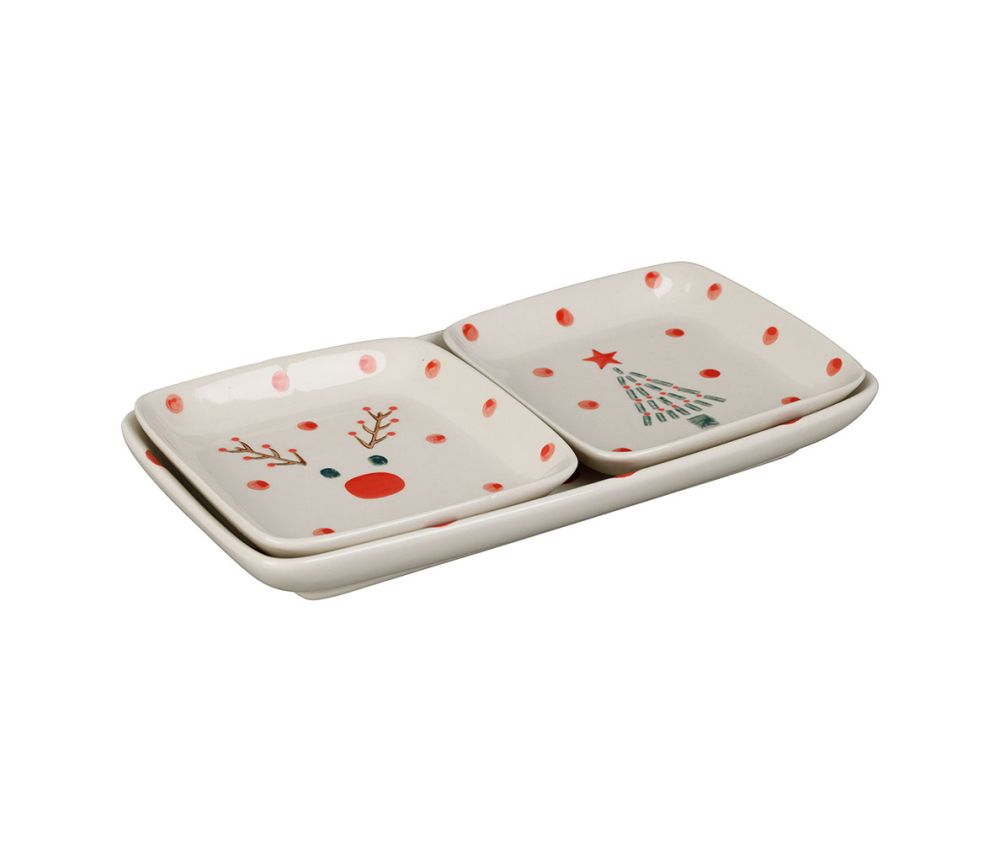 Ensemble plat rectangulaire et 2 assiettes Noël