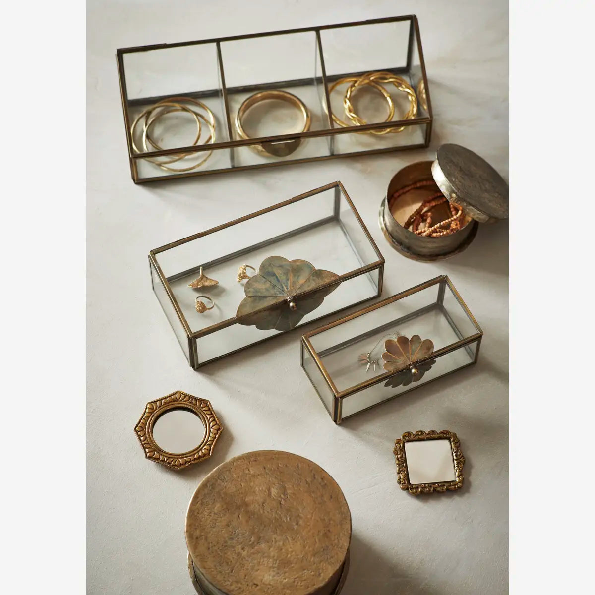 Set de 2 boîtes en verre avec feuille en laiton