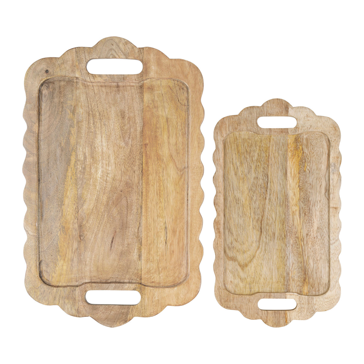 Lot de 2 plateaux en bois naturel à bords festonnés – 44 et 34,5 cm