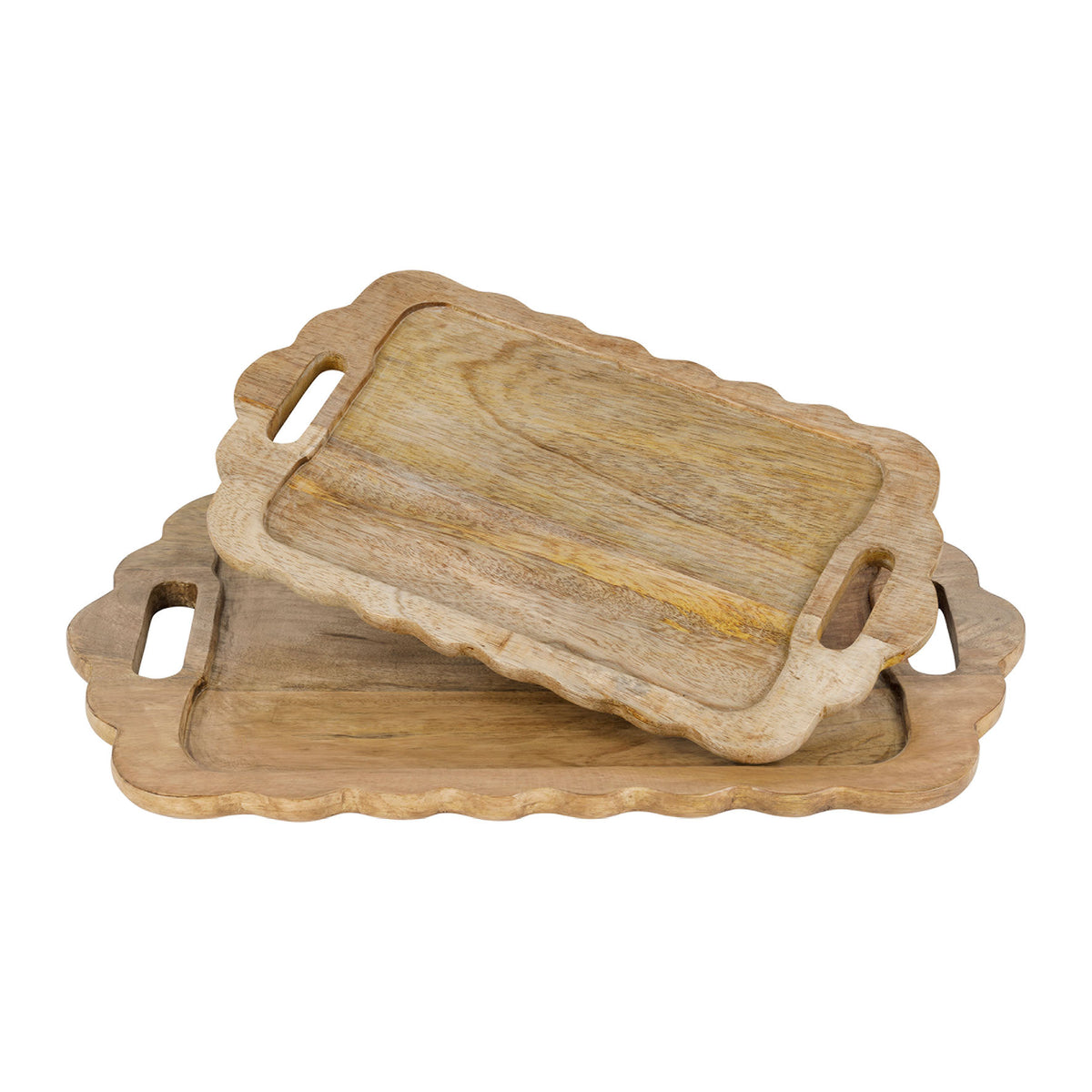Lot de 2 plateaux en bois naturel à bords festonnés – 44 et 34,5 cm