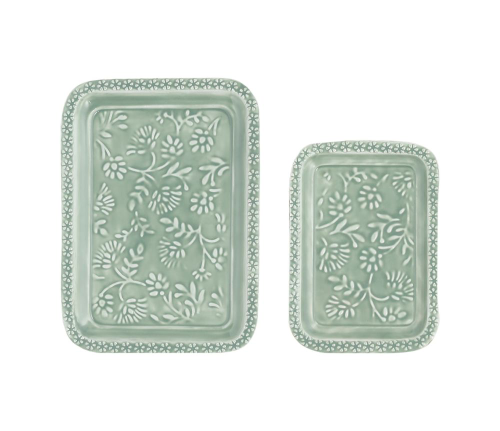 Lot de 2 Plateaux Baroques Vert Sauge – Design Floral Élégant en Métal