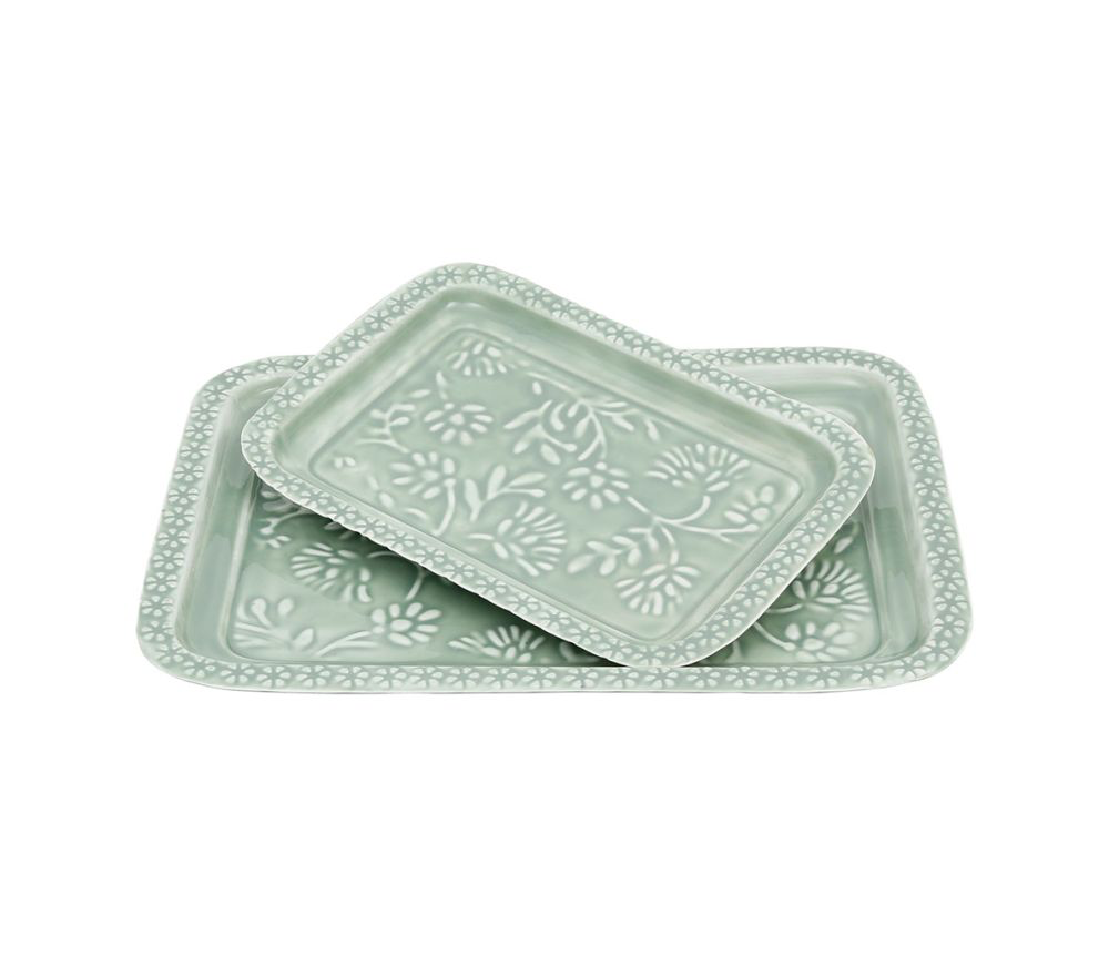 Lot de 2 Plateaux Baroques Vert Sauge – Design Floral Élégant en Métal