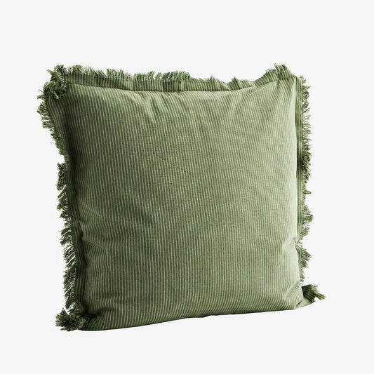 Housse de coussin rayée avec franges couleur verte