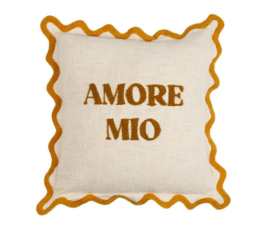 Coussin Amore Mio Écru & Moutarde 45 x 45 cm – Broderie décorative