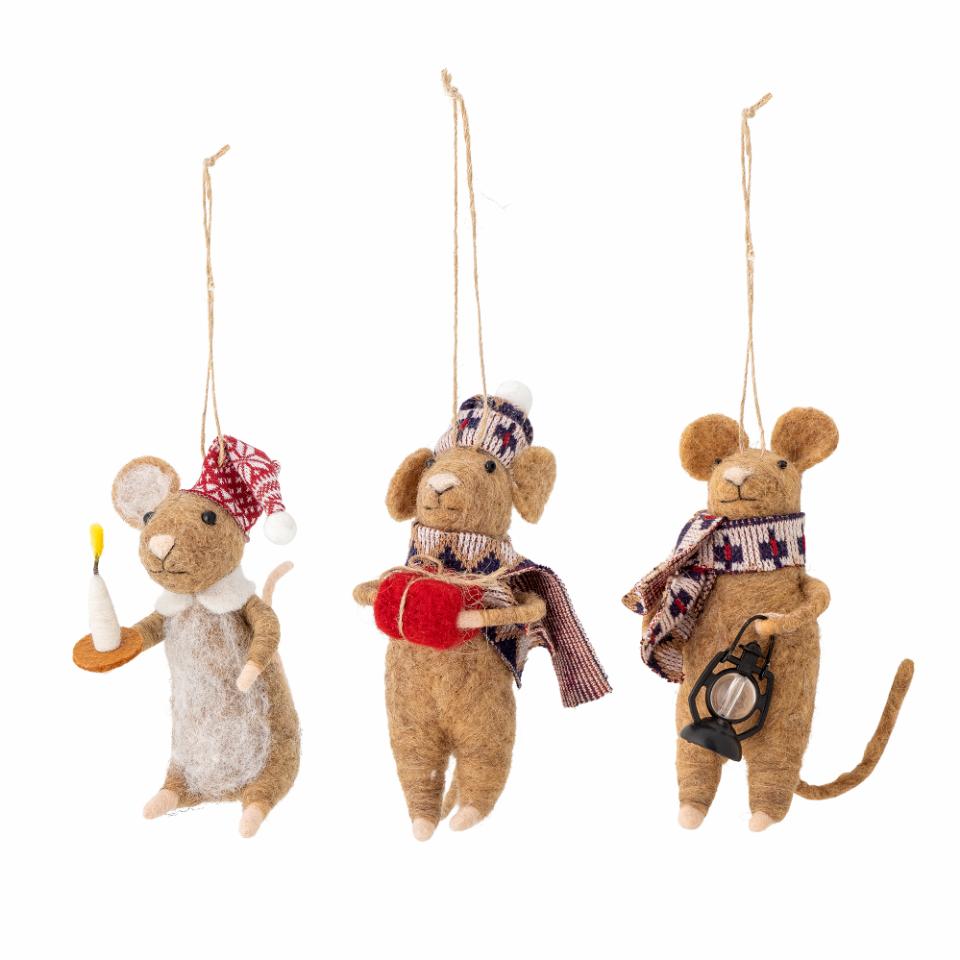 Lot de 3 décorations souris en laine feutrée
