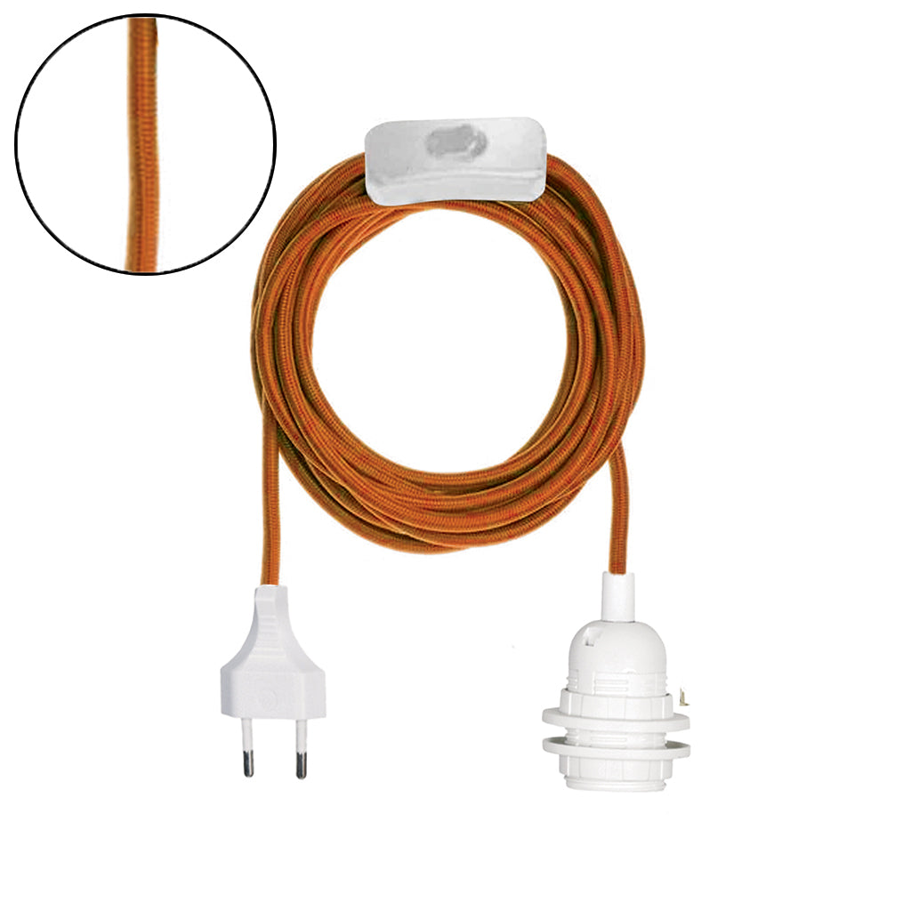 Suspension douille baladeuse blanche – Câble tissé orange 400 cm avec prise