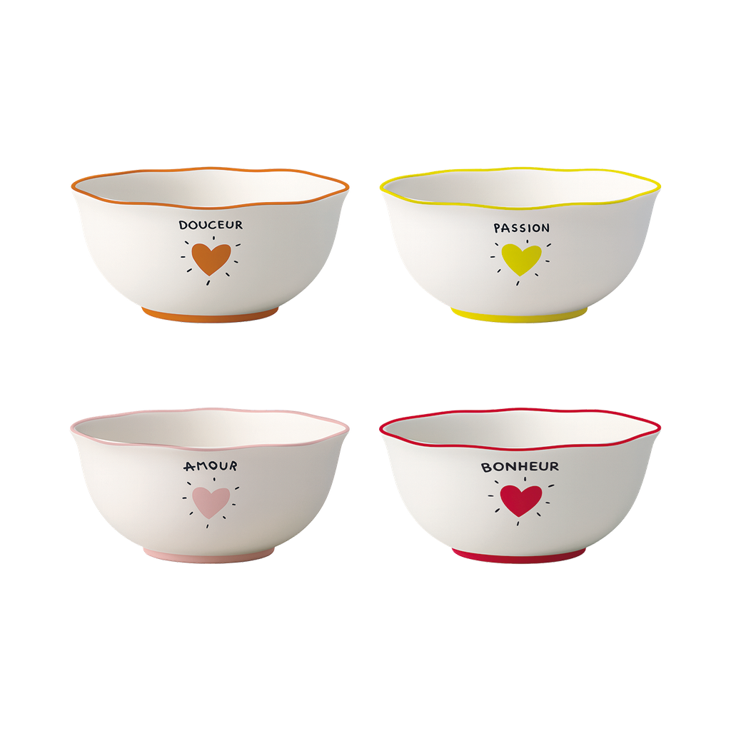 Set de 4 coupelles cœur messages 14 cm