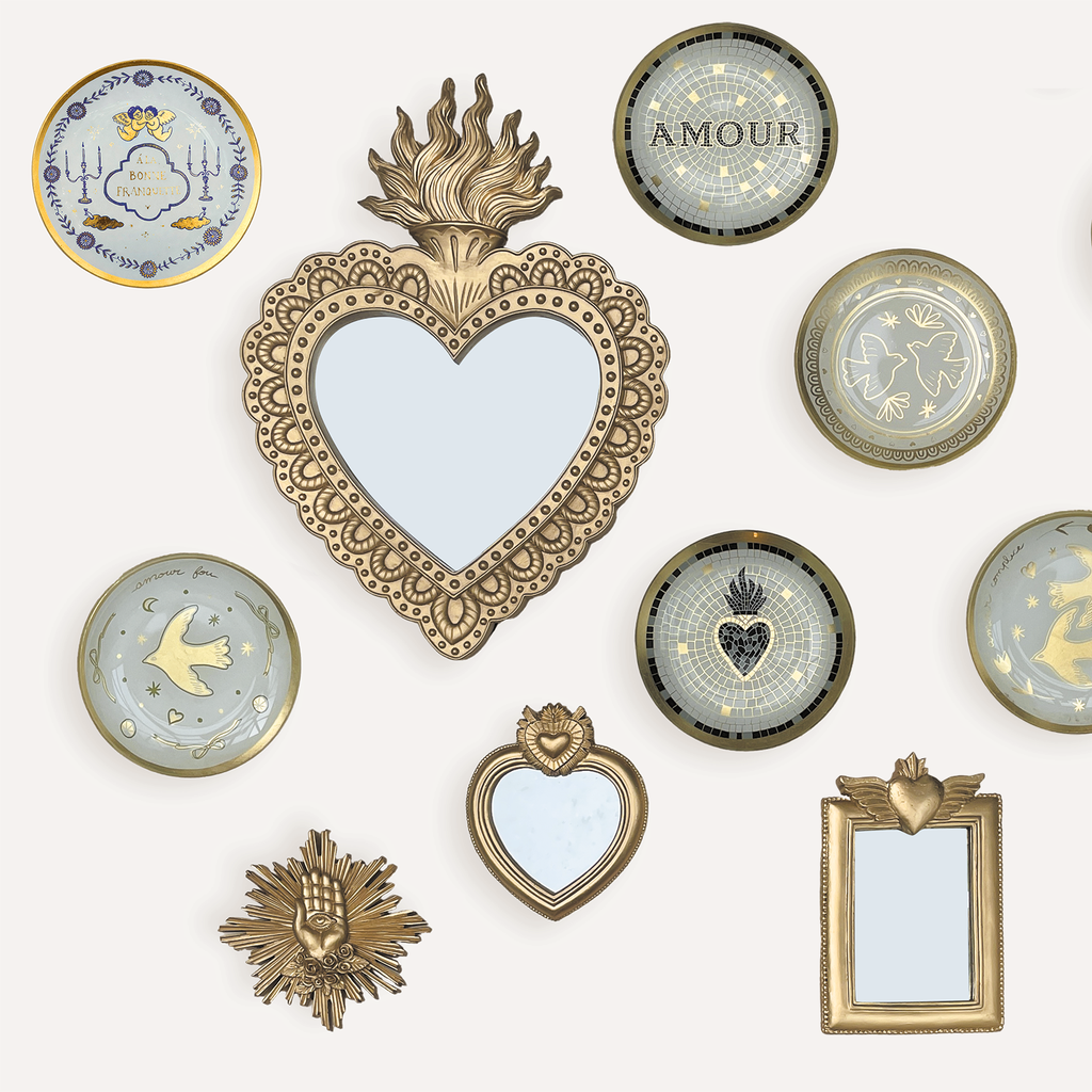 Miroir mural Ex-Voto doré cœur ailé – 18,5 x 12 cm