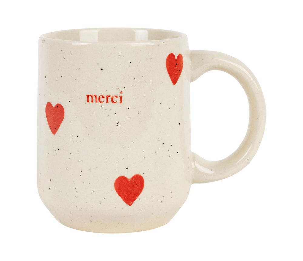 Mug “Merci ” blanc moucheté rouge – 35 cl – Grès