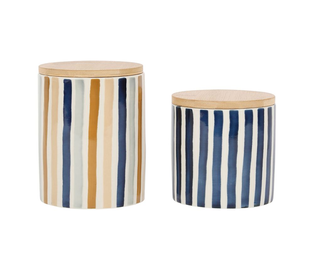 Set de 2 pots Blue Sand bleu & beige avec couvercle – grès & bambou