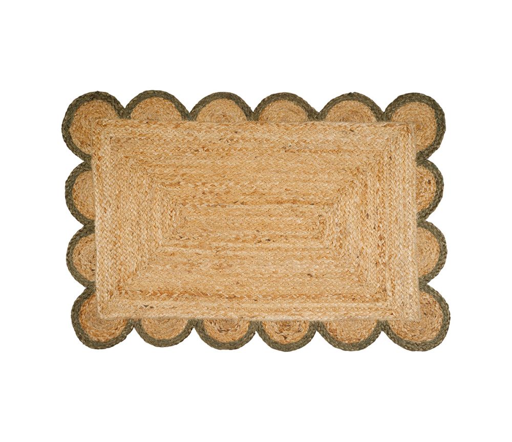 Tapis Romancero Naturel & Kaki 90 x 60 cm – Tressé à bordure festonnée